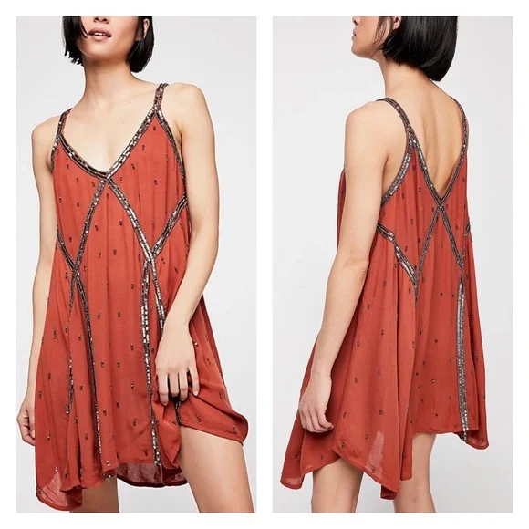 Free People Intimately Heaven Embellished Slip Dress In Rust